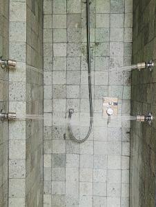 a shower in a bathroom with a glass door at FOS Ionian Breeze Studio in Platithriás