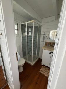 a bathroom with a toilet and a glass shower at בקתות עץ סקנדינביות במטולה in Metulla