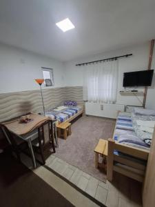 a room with three beds and a table and a tv at PODNOZJe KOPAONIKA in Brus