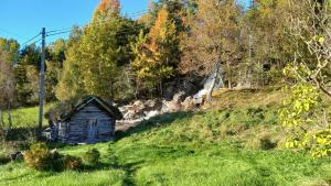 a small house with a grass roof on a hill at The house by the waterfall in Breim +7 photos