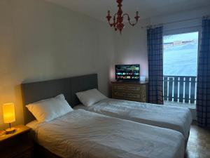 a bedroom with a bed and a television and a window at Passo Carezza Club Apartment in Carezza al Lago