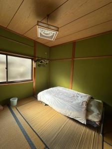 a bedroom with a bed in a room with green walls at tsudoi in Tanabe
