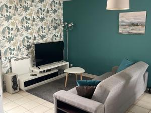 a living room with a couch and a television at Chat-Douillet in Veuzain-sur-Loire