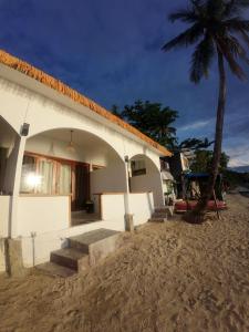 a house on the beach with a palm tree at Alfa Beachfront Lofts in El Nido