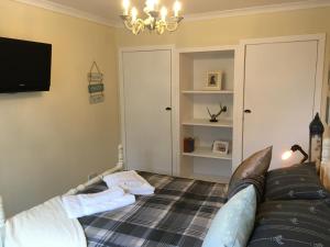 a living room with a couch and a tv at 123v Tillicoultry Holiday let in Tillicoultry