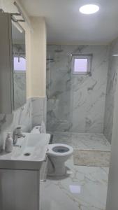 a white bathroom with a toilet and a sink at Zanora apartment's in Aiud
