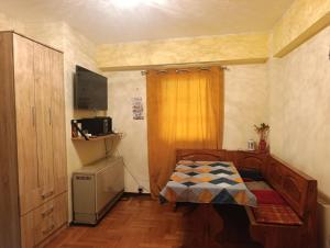 a small room with a bed and a refrigerator at Ljubica in Brzeće