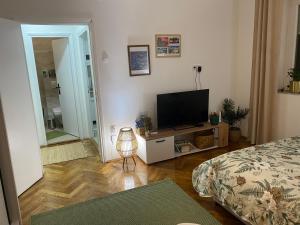 a living room with a flat screen tv and a bed at Apartman Titi in Smederevo