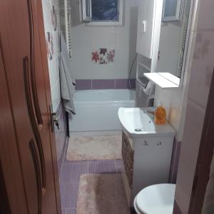 a bathroom with a tub and a toilet and a sink at Two-room apartment in Drăgăşani