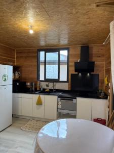 a kitchen with a refrigerator and a table in it at Le ptit Chalet du bonheur in Entre-Deux