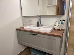 a bathroom vanity with a sink and a mirror at Ari Apartment Wald am Arlberg in Wald am Arlberg +37 photos