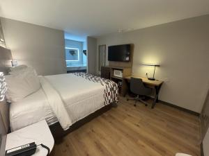 a hotel room with a bed and a desk and a television at Red Roof Inn Arlington - Entertainment District in Arlington