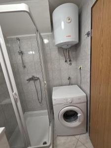 a small bathroom with a shower and a washing machine at House Belavici in Hreljići +18 photos