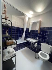 a blue tiled bathroom with a toilet and a sink at Fli Apartment in Weesen