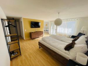 a bedroom with a large bed and a television at Fli Apartment in Weesen
