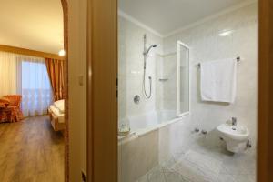 un bagno con doccia, WC e lavandino di Hotel Ronce a Ortisei Altre 67 foto