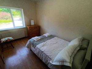 a bedroom with a bed and a dresser and a window at Hook Lighthouse Cottage in Ramsgrange