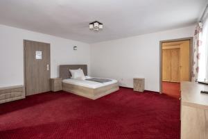 a bedroom with a bed and a red carpet at Pensiunea Rosenau in Râşnov
