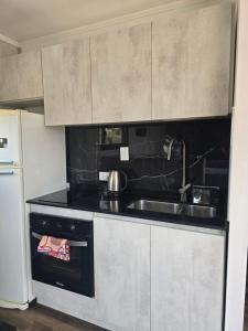 a small kitchen with a sink and a stove at Altos Dique Potrerillos in Potrerillos +18 photos