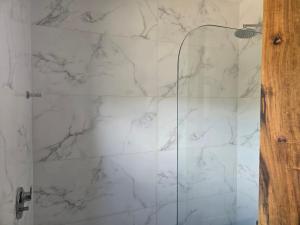 a shower with white marble walls and a glass door at Altos Dique Potrerillos in Potrerillos