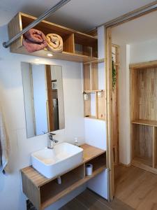 a bathroom with a sink and a mirror at Cálido apartamento in Puno