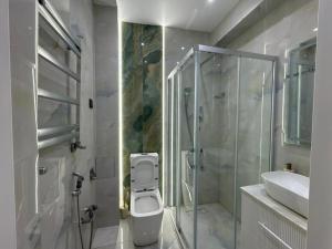 a bathroom with a shower and a toilet and a sink at Maiden Tower Prestige in Baku +17 photos