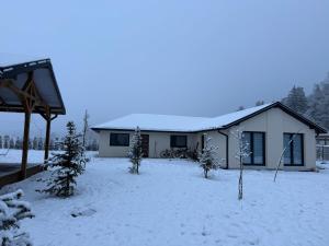a house covered in snow with trees in front of it at Ranczo pod dębami in Wola Smolana