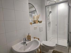 a bathroom with a sink and a toilet and a shower at Große Wohnung nahe München in Ismaning +38 photos