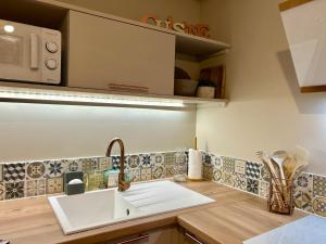 a kitchen with a sink and a microwave at le Roy de coeur in Riquewihr