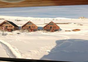 a group of wooden cabins in the snow at Kashmiri kitchens hotel in Gudauri