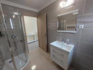 a bathroom with a shower and a sink and a mirror at Anton Apartmanház in Balatonfüred