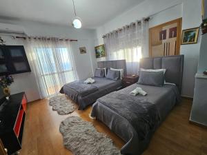 a bedroom with two beds and a tv in it at Petrit apartament in Qeparo