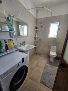 a bathroom with a washing machine in a sink at Petrit apartament in Qeparo +66 photos