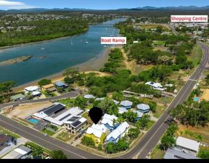 an aerial view of a town next to a river at Boyne island beach house in Boyne Island
