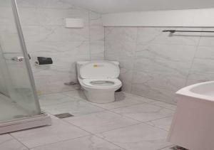 a white bathroom with a toilet and a shower at Kashmiri kitchens hotel in Gudauri