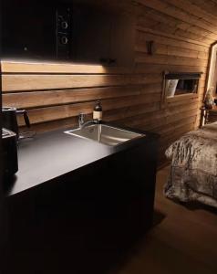 a kitchen with a sink in a room with a bed at Arctic circle cabin 3 in Rovaniemi +9 photos