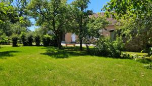 a yard with green grass and trees and a house at le logis des Chabannes in Saint-Angel