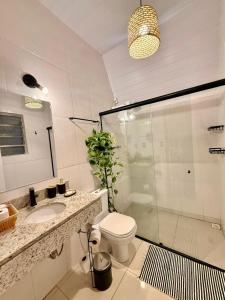 a bathroom with a toilet and a sink and a shower at Cabana Eucalipto in Itatiaia +84 photos