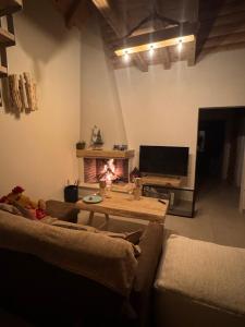 a living room with a couch and a tv at Cedar Wood Cabin in Áno Polídhrosos