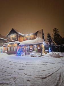 a house covered in snow with christmas lights at Malinowa Chata Murzasichle in Murzasichle