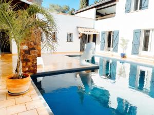 a house with a swimming pool with a palm tree in a pot at Le Patio Bleu in La Crau