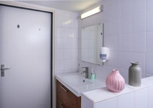 a bathroom with a sink and a mirror and a vase at Stee in Stad in Groningen +56 photos