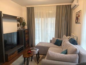 a living room with a couch and a flat screen tv at Azure Living Apartman in Kragujevac