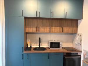 a kitchen with a sink and a microwave at Azure Living Apartman in Kragujevac