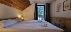 a bedroom with a large bed with a window at Chata Krpko in Horná Lehota