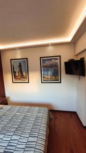 a hotel room with a bed and a flat screen tv at HOTEL Y MOTEL SAVOY - Santiago in Santiago