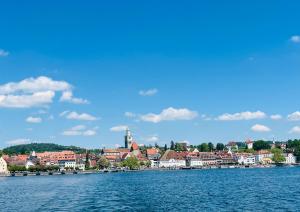 a city on the shore of a large body of water at SEEMOMENTE Überlingen Promenade in Überlingen