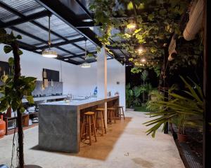 a kitchen with a bar with stools and plants at Basilia Guest House in Bantayan Island