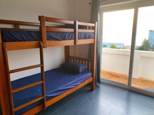 a bunk bed room with two bunk beds and a window at Murthy Surf School in Covelong