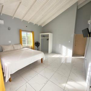 a bedroom with a white bed and a window at Hector residence in Saint Johnʼs